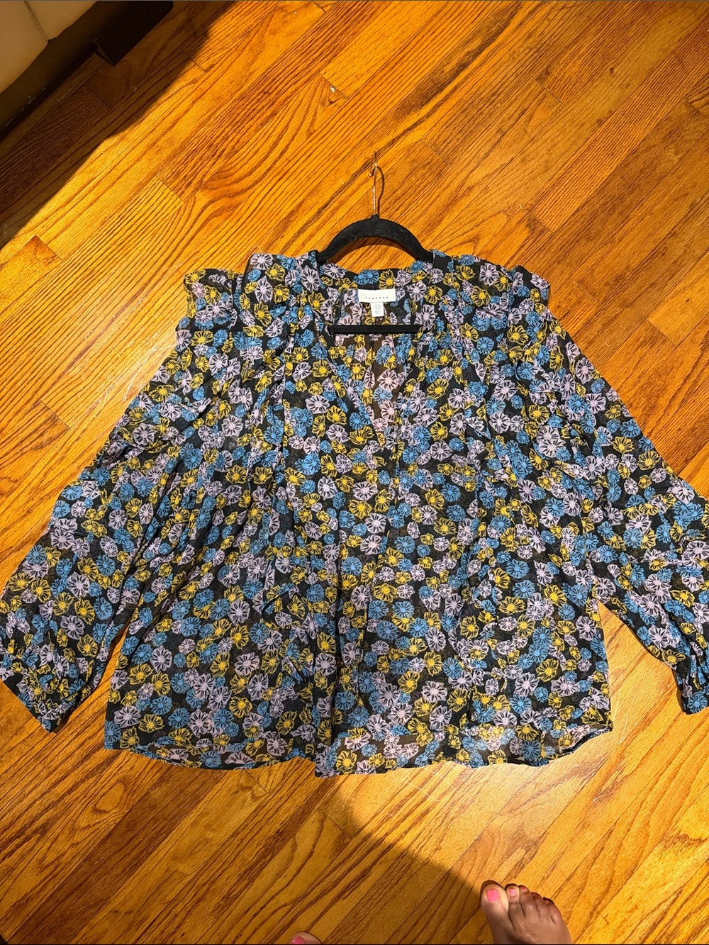 Topshop Black Floral Button-Front Blouse with Blue & Yellow Flowers